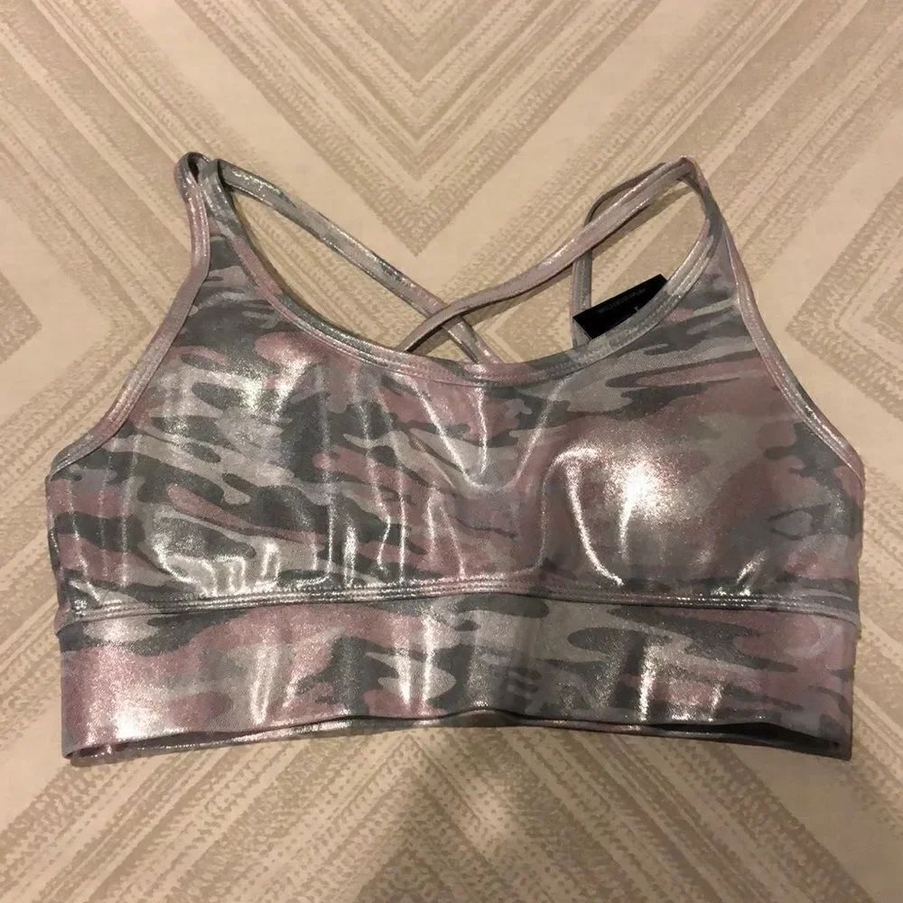 PrismSport Pink/Gray Shiny Camouflage Padded Sports Bra Size L NWT